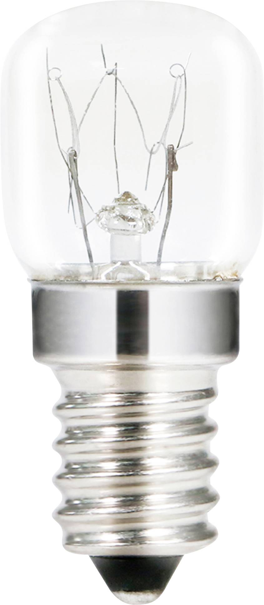 Eine kleine, klare Glühlampe mit metallischer Fassung und sichtbarem Glühfaden im Inneren, geeignet für kleine Geräte oder zur Dekoration.