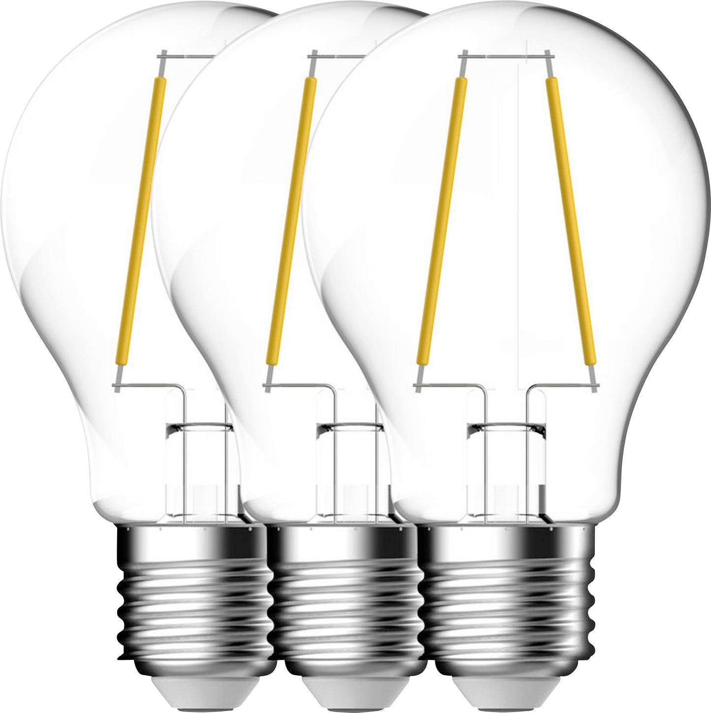 Drei LED-Glühbirnen, jede mit klarem Glas und einem sichtbaren Glühfaden, sind nebeneinander vor einem weißen Hintergrund angeordnet.