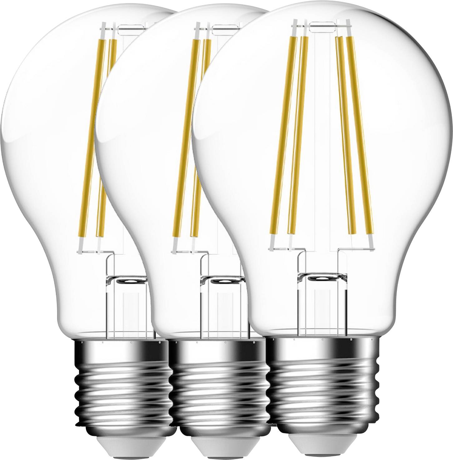 Drei klare LED-Glühbirnen mit sichtbaren Glühfäden, in einer Reihe angeordnet, symbolisieren Energieeffizienz und moderne Beleuchtungstechnologie.