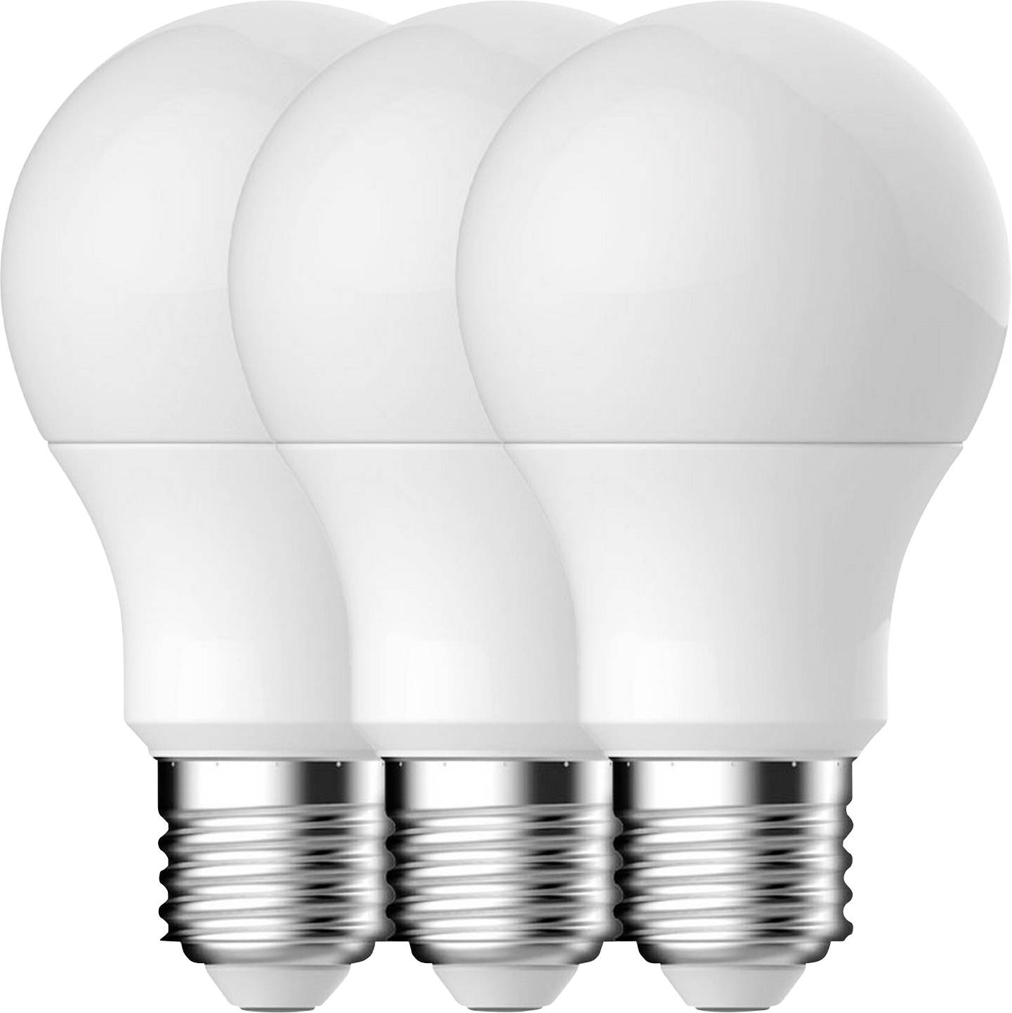 Drei weiße LED-Glühbirnen in einer Reihe, jede mit einer Standard-E27-Schraubfassung.