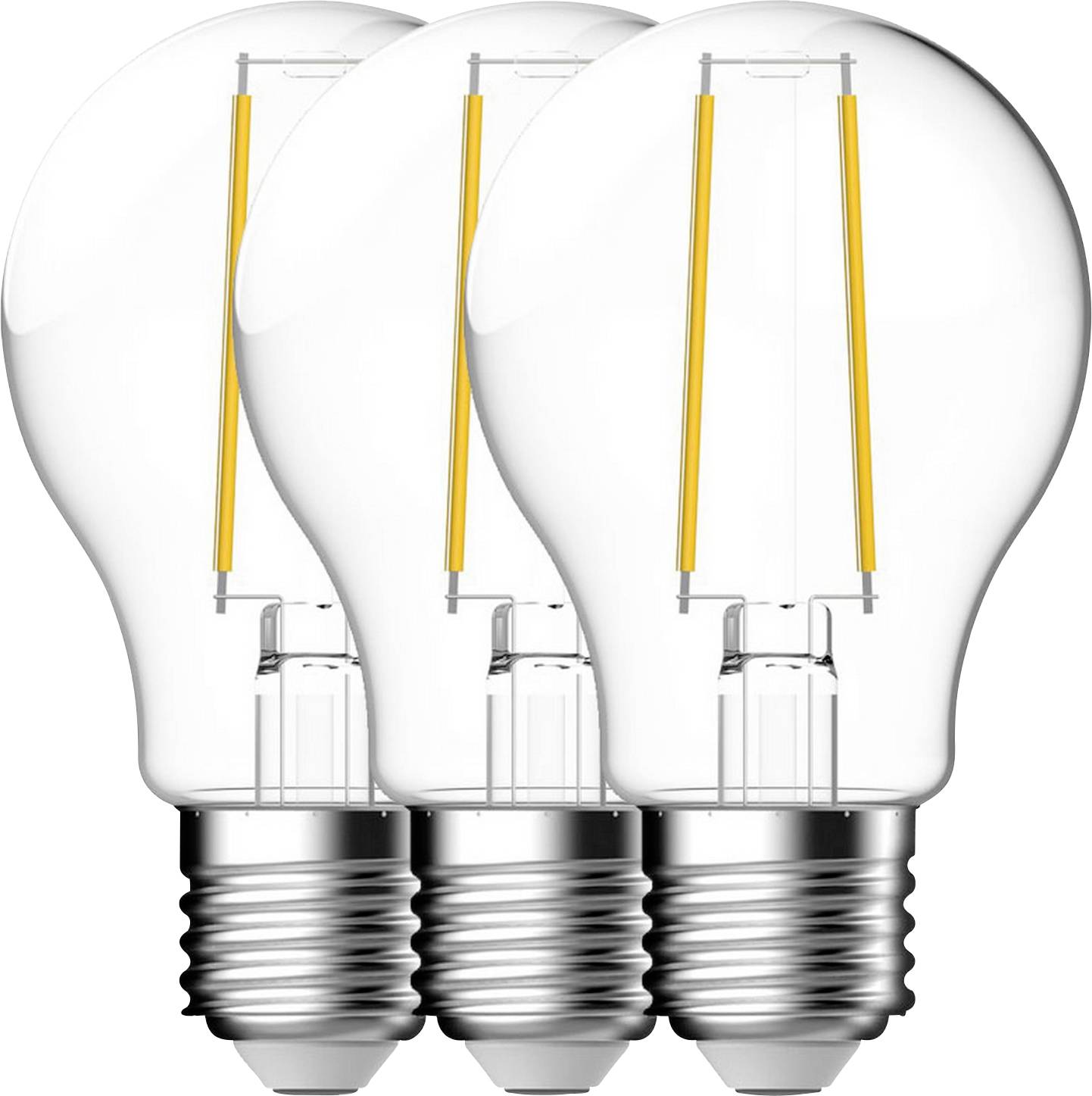 Drei LED-Glühbirnen mit transparentem Design, die gelbe Glühfäden und metallische Sockeln zeigen, in einer Reihe angeordnet.