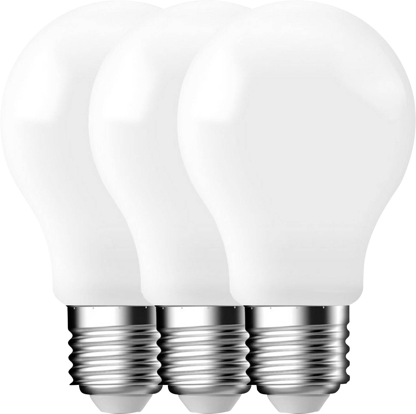 Drei LED-Glühbirnen sind nebeneinander vor einem weißen Hintergrund angeordnet und zeigen energieeffiziente Beleuchtungsoptionen.