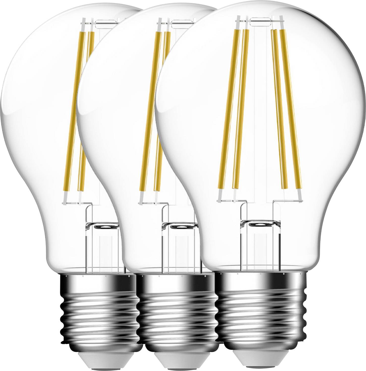 Drei klare LED-Leuchten mit sichtbaren Glühfäden in einer Reihe, die energieeffiziente Beleuchtungsoptionen darstellen.