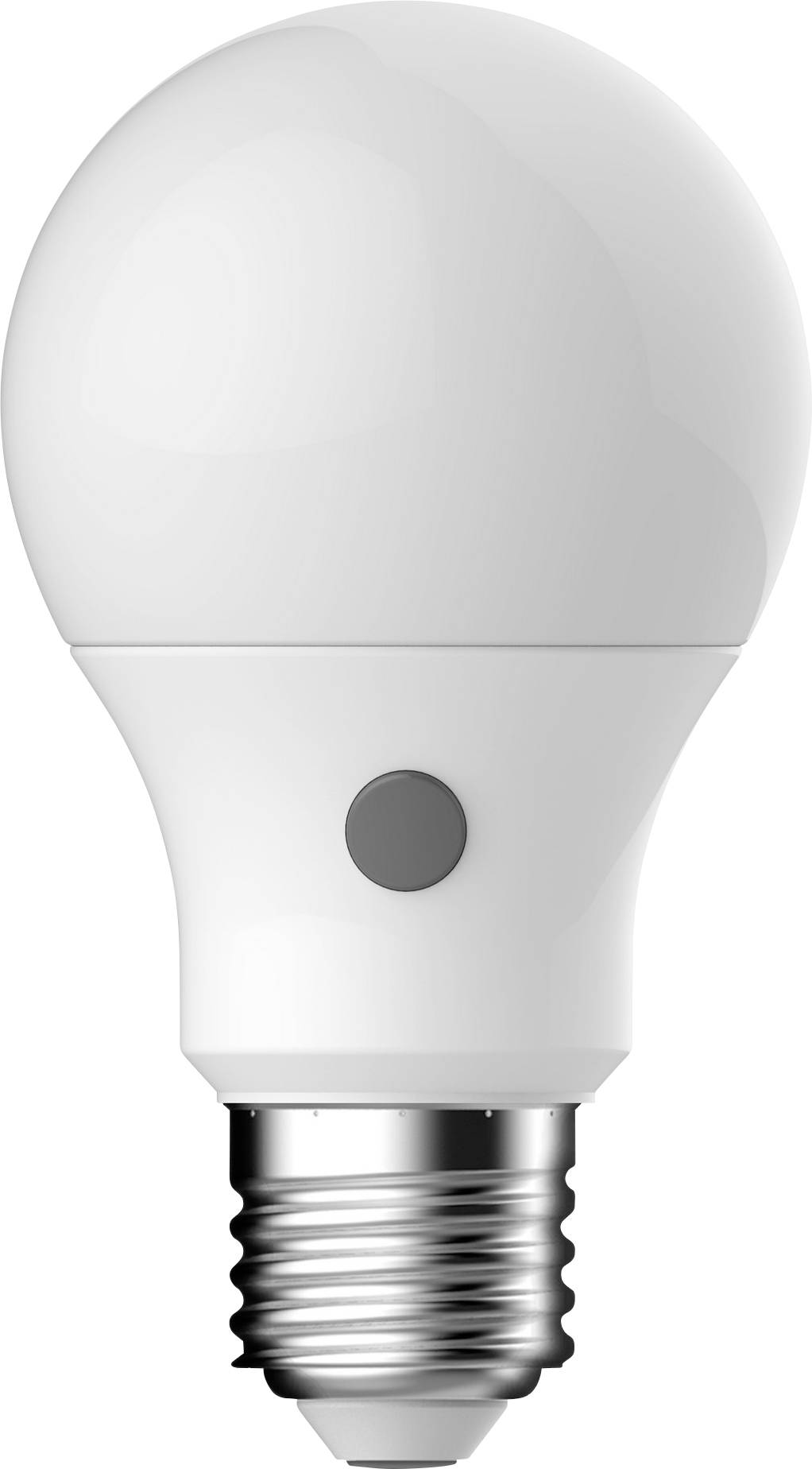 Eine weiße LED-Glühbirne mit einer metallischen Gewindebasis und einem kleinen Knopf an der Seite, entwickelt für die Beleuchtung im Wohnbereich.