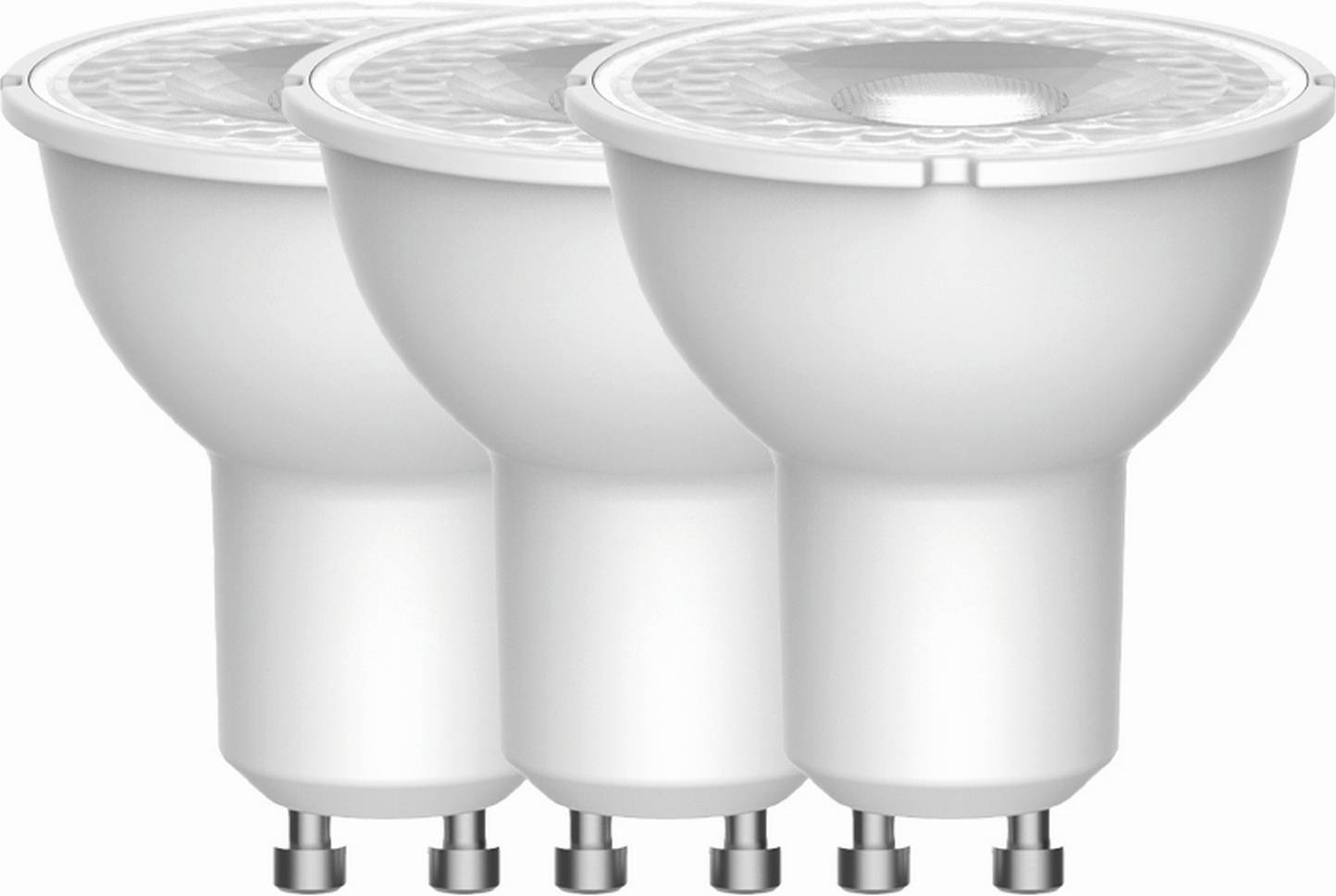 Drei LED-Glühbirnen mit GU10-Sockeln sind in einer Reihe angeordnet und zeigen ihr energieeffizientes Design.