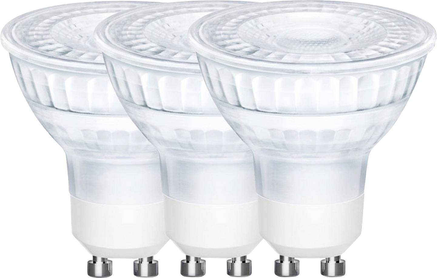 Drei LED-Glühbirnen mit GU10-Sockeln, von der Seite betrachtet, zeigen ihr energieeffizientes Design.