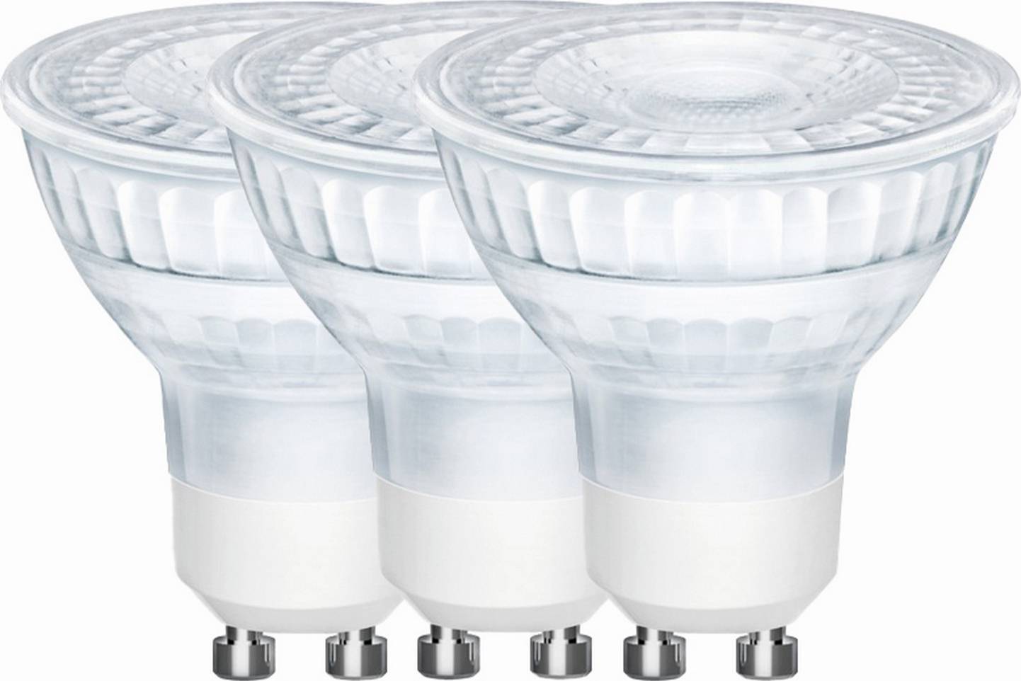 Drei LED-Glühbirnen mit GU10-Sockeln sind in einer Reihe angeordnet, jede mit einem mattiertem Glasschirm und einem Dreh-Verriegelungsmechanismus am Boden.