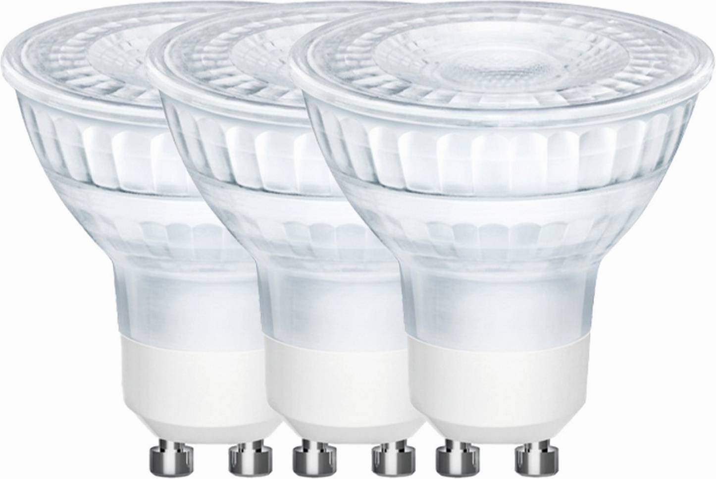 Drei LED-Glühbirnen mit GU10-Sockeln, in einer Reihe angeordnet.