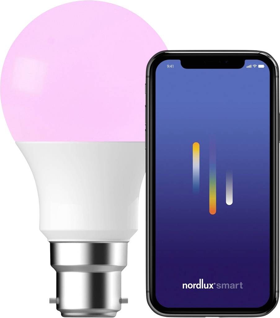 Intelligente Glühbirne, die rosa leuchtet, neben einem Smartphone, das die Benutzeroberfläche der App „nordlux smart