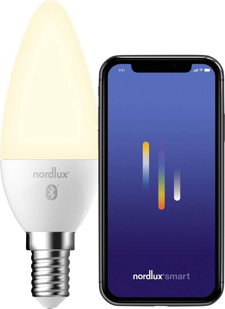 Eine intelligente Glühbirne, die neben einem Smartphone leuchtet, auf dem die Nordlux-Smart-App-Oberfläche mit Helligkeitsreglern angezeigt wird.