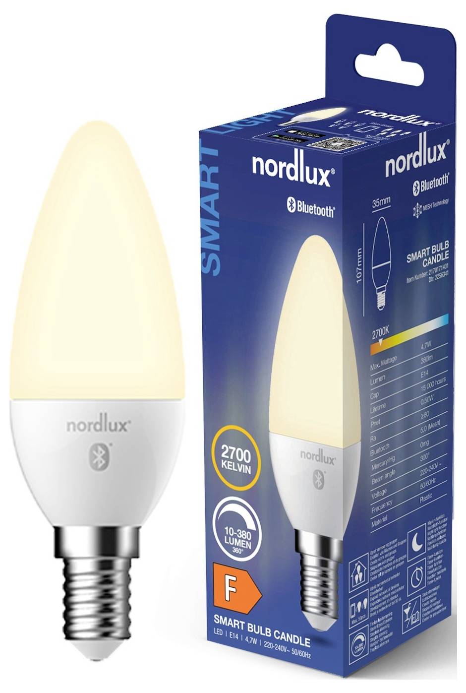 Eine Nordlux-Smart-Glühbirne und ihre Verpackung. Die Glühbirne bietet Bluetooth-Konnektivität, 2700-Kelvin-Beleuchtung und eine Lichtstärke von 10-30 Lumen.