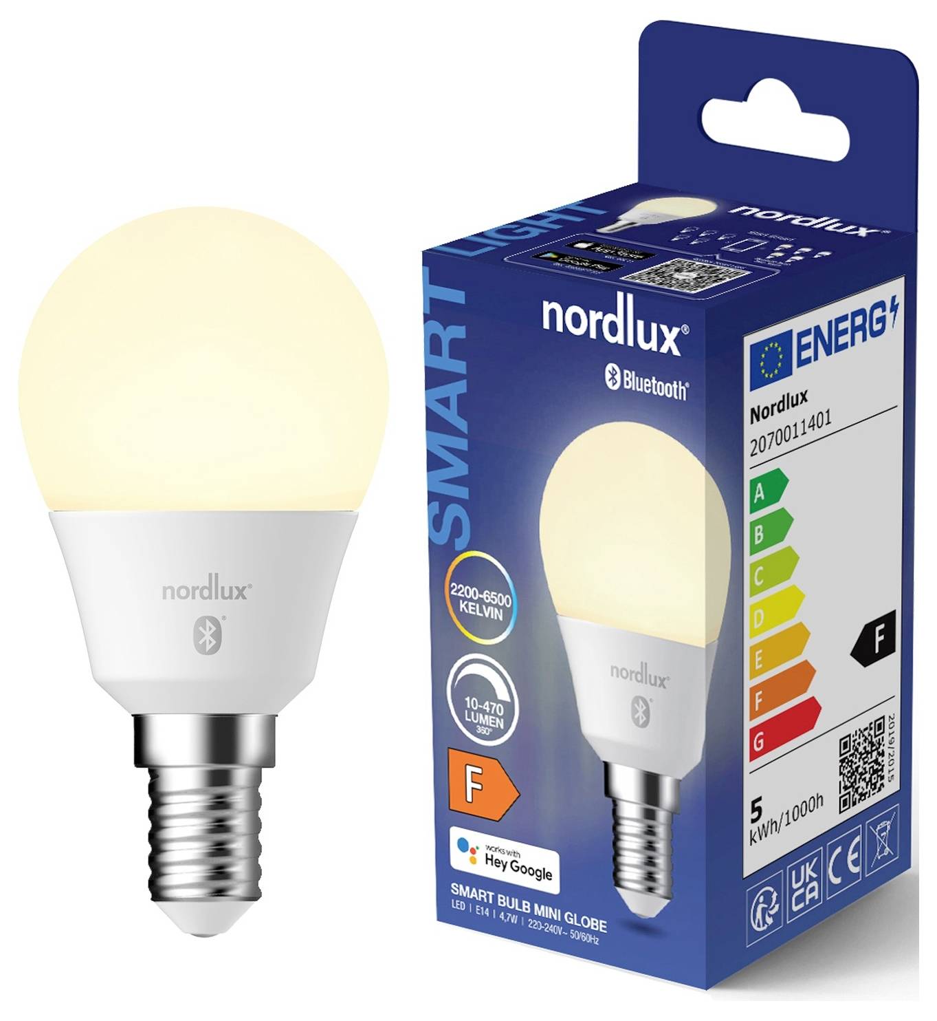 Eine intelligente Nordlux LED-Lampe und ihre Verpackung, die Energieklasse F, einstellbares warmes bis kühles Licht (2200-6500 K), Bluetooth, 5W, 10-470 Lumen zeigt.