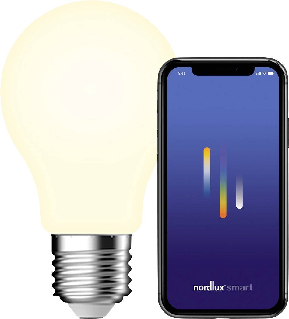 Ein Smartphone mit der geöffneten 'Nordlux Smart' App neben einer leuchtenden intelligenten Glühbirne, das die Konnektivität zwischen der App und der Glühbirne zeigt.