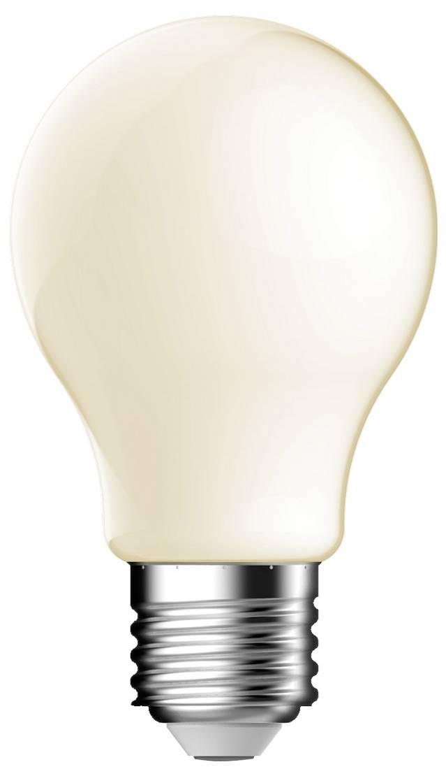 Eine weiße Glühlampe mit metallischem Schraubgewinde, die üblicherweise zur allgemeinen Beleuchtung in Wohnhäusern und Büros verwendet wird.