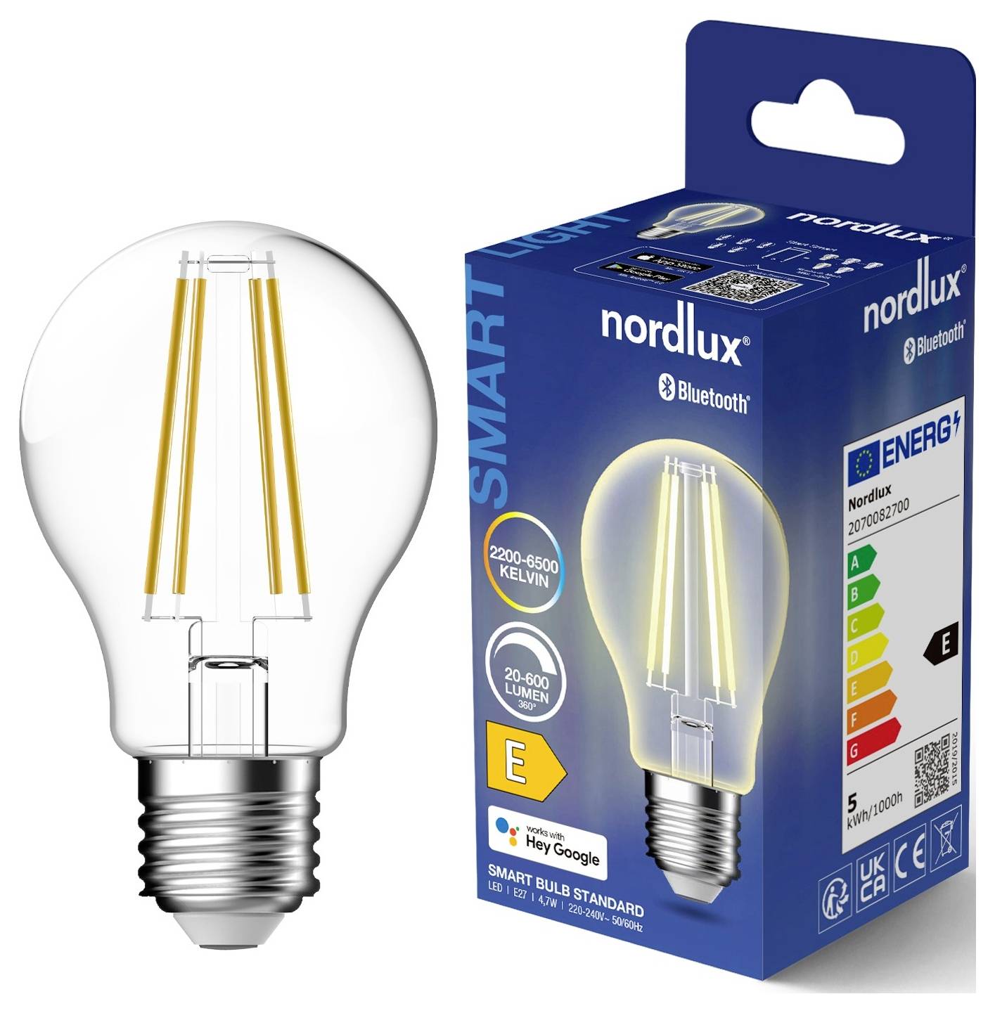 Eine LED-Glühbirne und ihre Verpackung werden angezeigt. Die Box zeigt die Marke 'nordlux', die Energieeffizienzklasse 'E' und Bluetooth-Kompatibilität an.