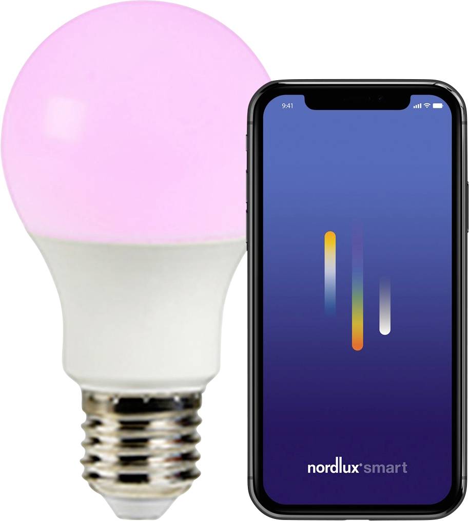 Rosa intelligente Glühbirne neben einem Smartphone, das die Benutzeroberfläche der App 