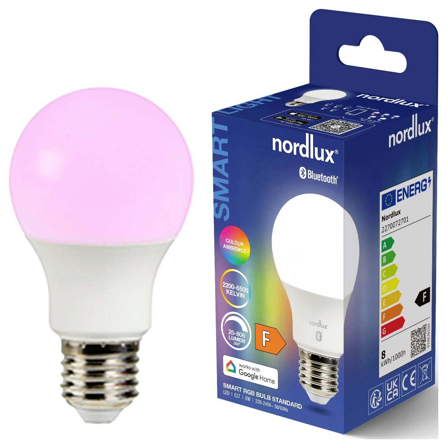 Eine intelligente LED-Glühbirne, die rosa Licht ausstrahlt, neben ihrer Verpackung, auf der „Nordlux