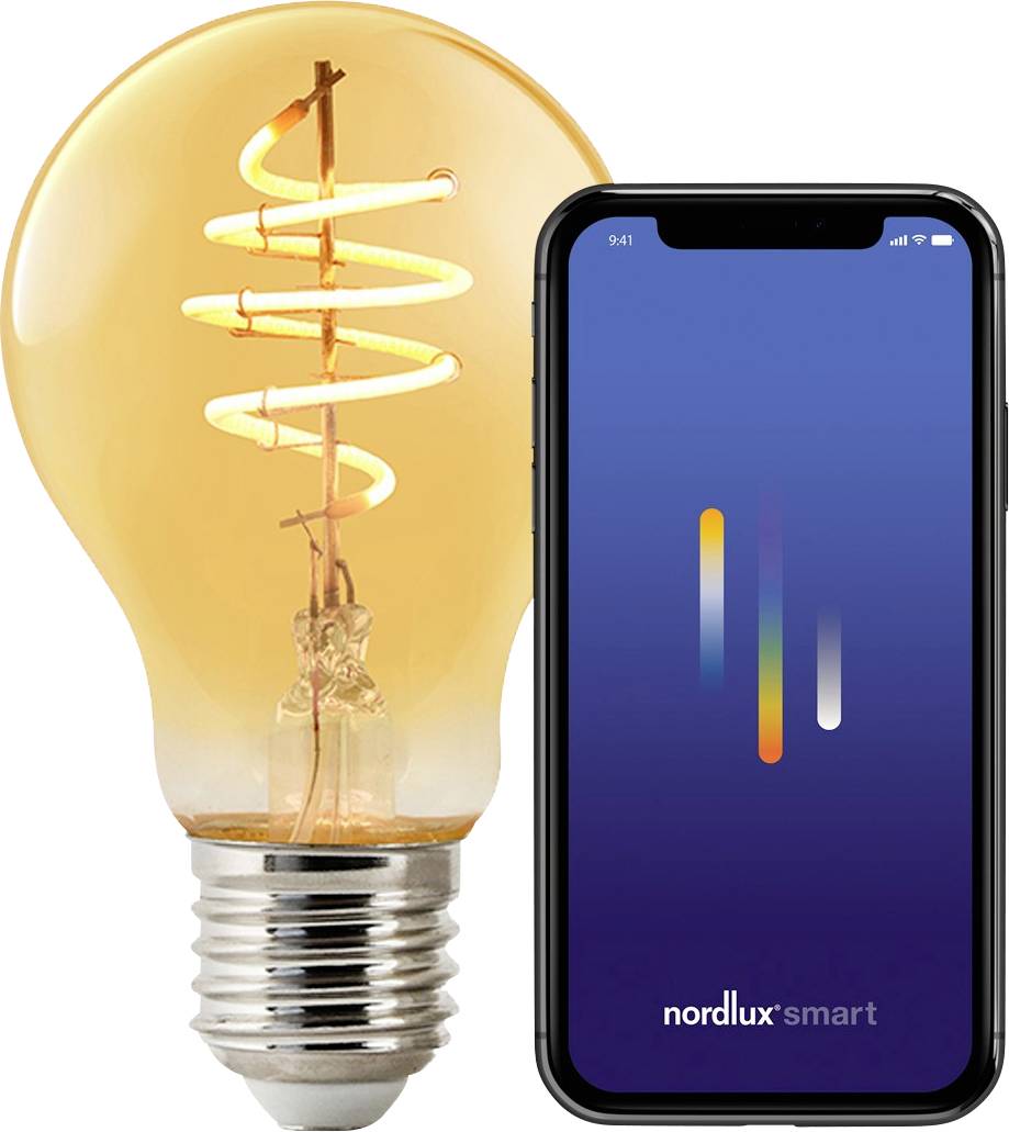 Eine Glühbirne im Vintage-Stil leuchtet neben einem Smartphone, das die App 