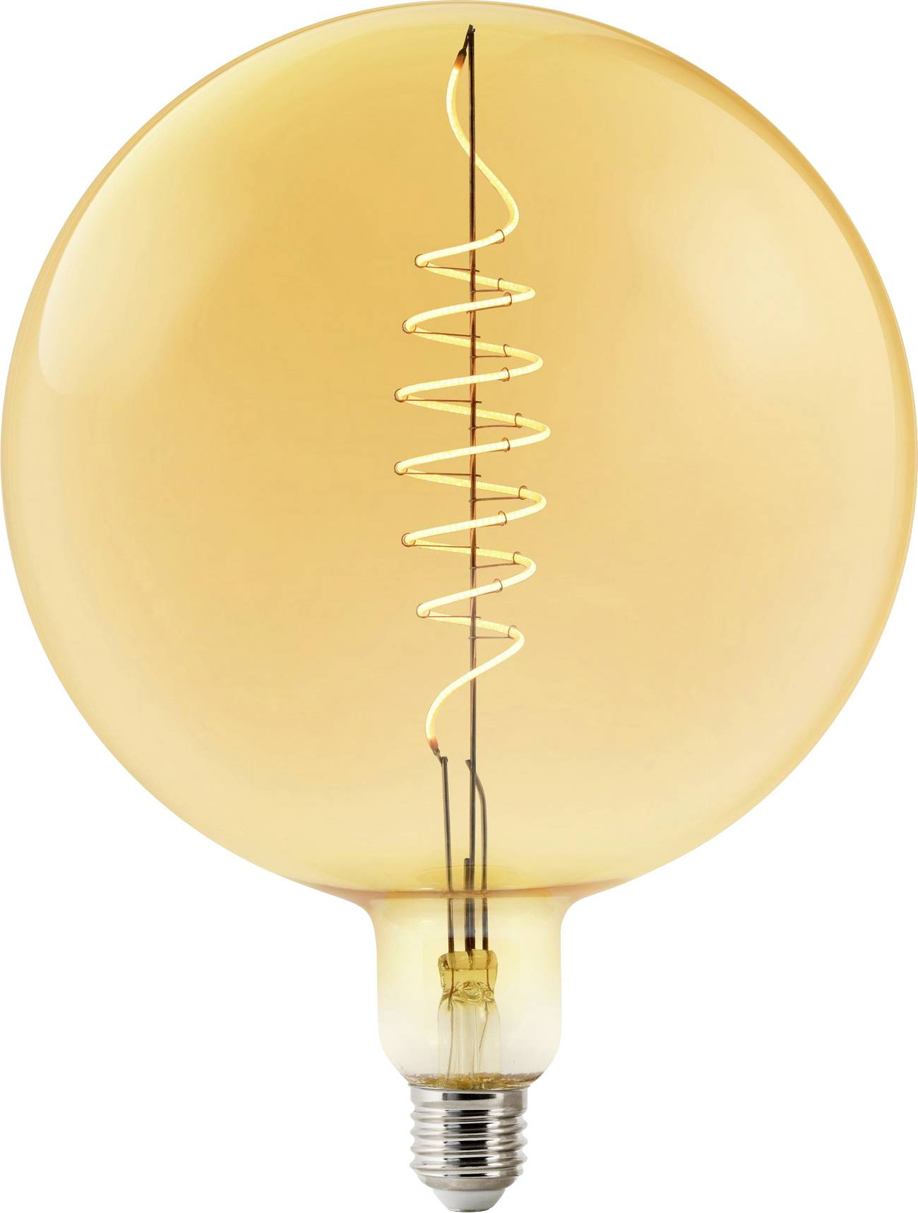 Eine leuchtende, runde Vintage-Glühbirne mit Spiralglühfaden, die warmes orangefarbenes Licht ausstrahlt und für glänzende Ideen oder Innovation steht.