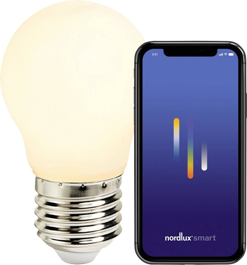 Eine intelligente Glühbirne neben einem Smartphone, das die Benutzeroberfläche der Nordlux Smart-App anzeigt, was die Hausautomationstechnologie verdeutlicht.