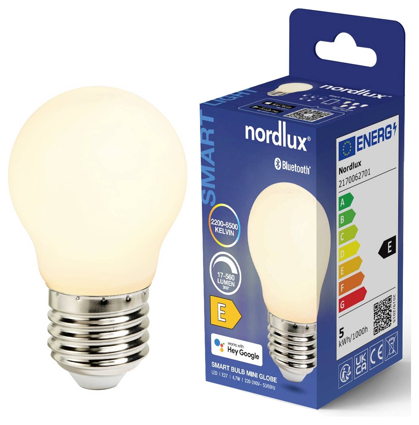 Intelligente LED-Lampe und Verpackung mit Energieeffizienzklasse E, 2200-6500 Kelvin, 17-560 Lumen, kompatibel mit Google Assistant und Bluetooth.