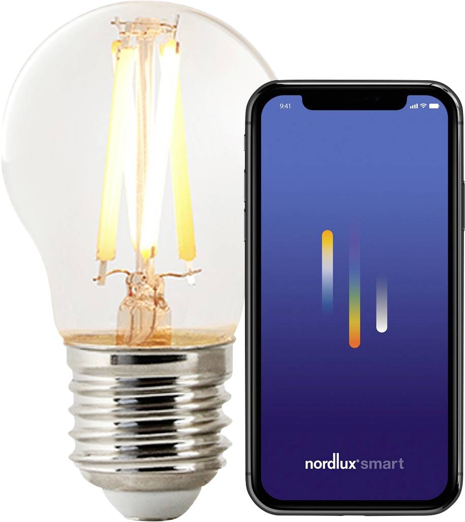 Ein intelligentes Glühbirnenlicht neben einem Smartphone, das die Benutzeroberfläche der Nordlux Smart-App anzeigt und Lichtkontrolleinstellungen darstellt.