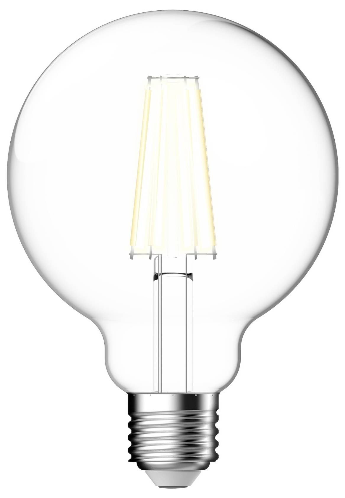 Eine LED-Glühbirne mit sichtbarem Glühfaden-Design, die ein weiches weißes Licht ausstrahlt, vor einem einfachen Hintergrund.