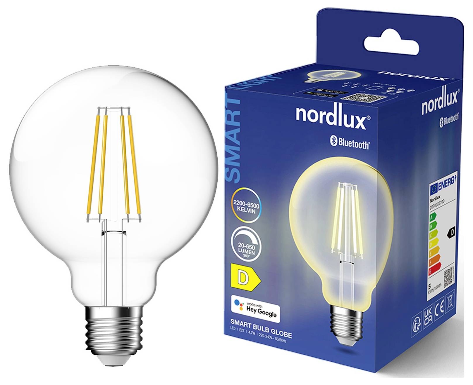 Eine klare Globus-Smartlampe mit sichtbaren Glühfäden neben ihrer blauen Verpackung mit der Marke „nordlux