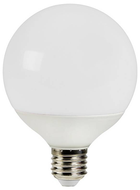 Eine weiße kugelförmige Glühbirne mit silberner Schraubfassung, bereit für die Installation in einer Standardfassung.