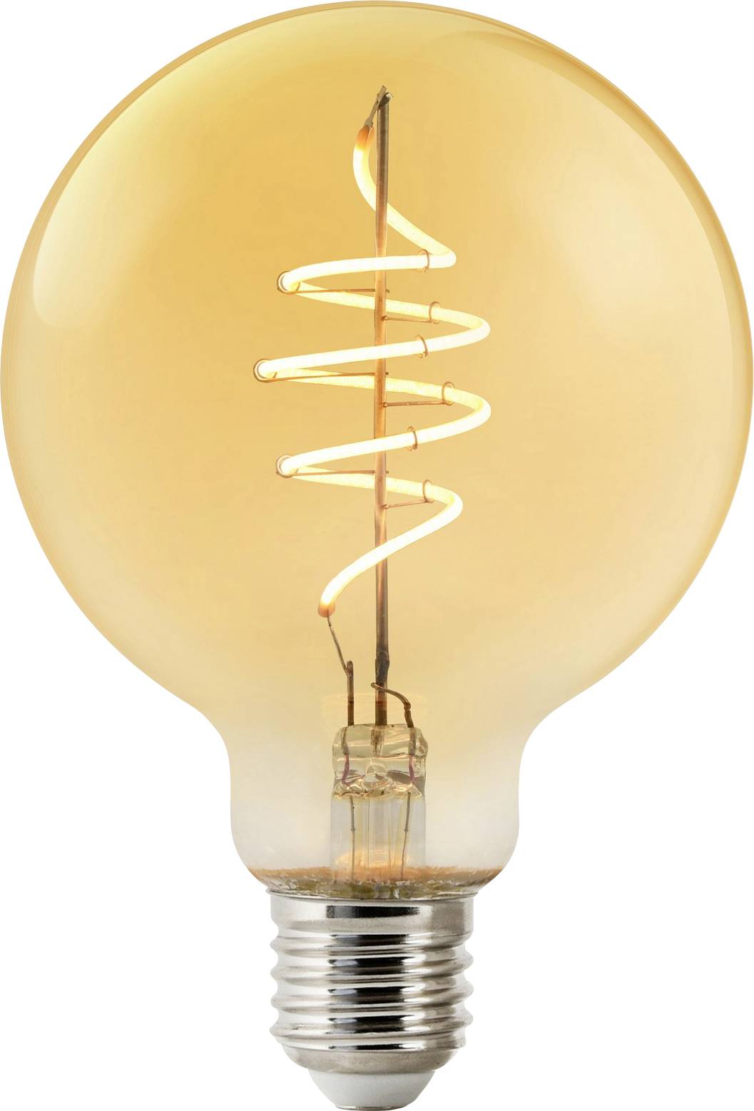 Eine leuchtende Vintage-Glühbirne mit spiralförmigem Glühfaden, die einen warmen goldenen Farbton ausstrahlt und Ideen oder Innovation symbolisiert.