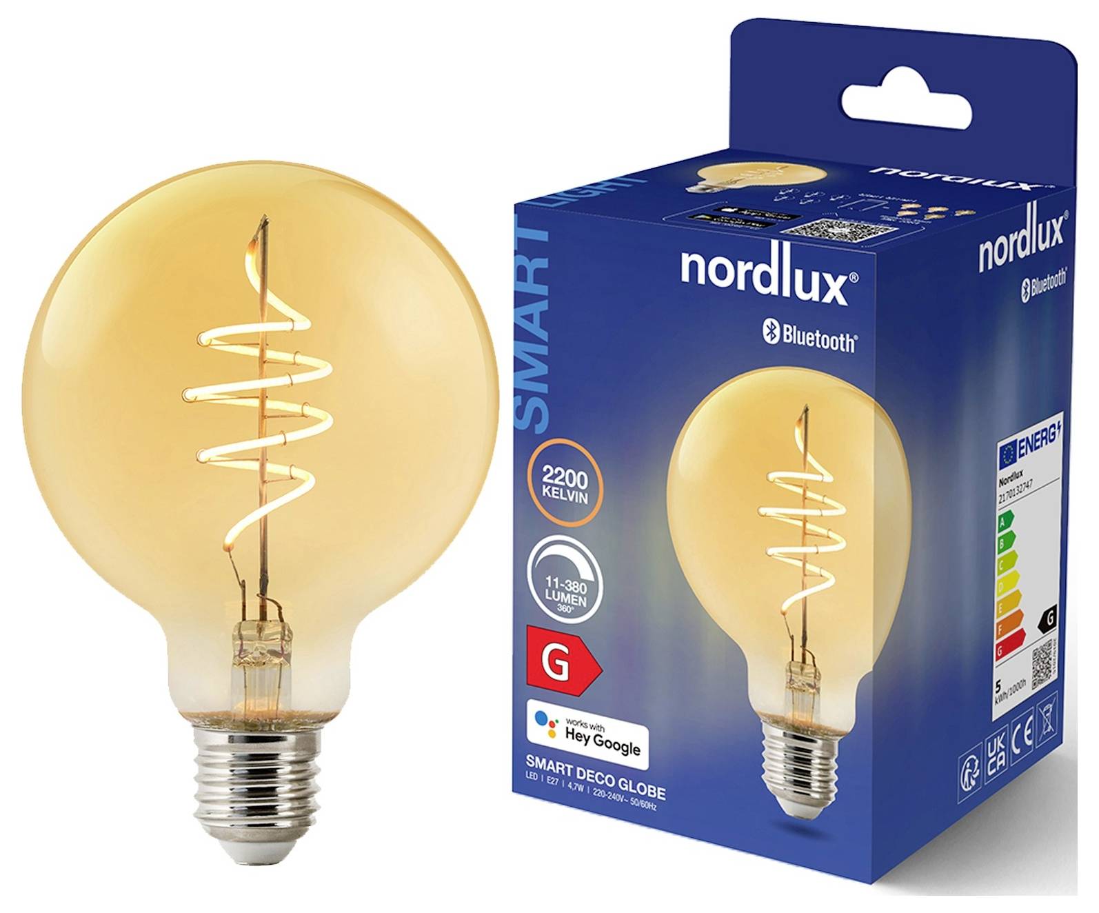 Intelligente LED-Glühbirne und Verpackung. Die Glühbirne erzeugt warmes Licht bei 2200 Kelvin, kompatibel mit Bluetooth und Google Home. Energieklasse G.