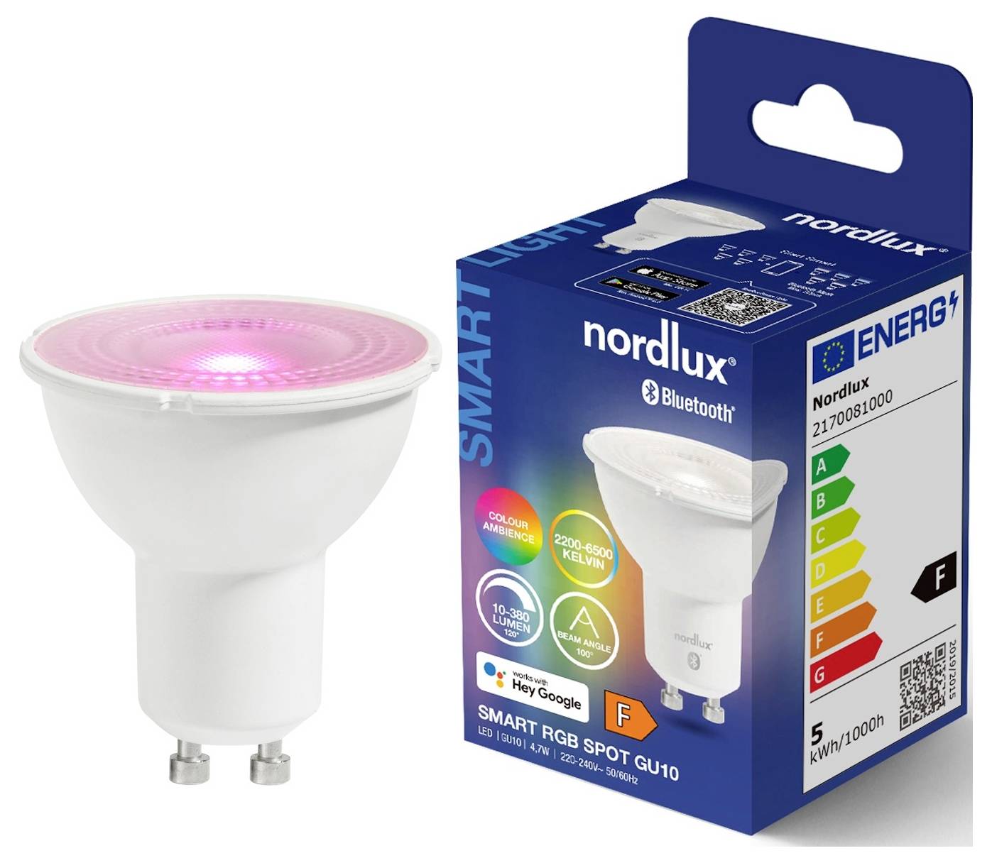 Intelligente RGB-Spotleuchte GU10 mit rosa Licht und Verpackung. Kompatibel mit Bluetooth, Google und Alexa. Energieeffizienzklasse F, 5W, 2200-6500K.