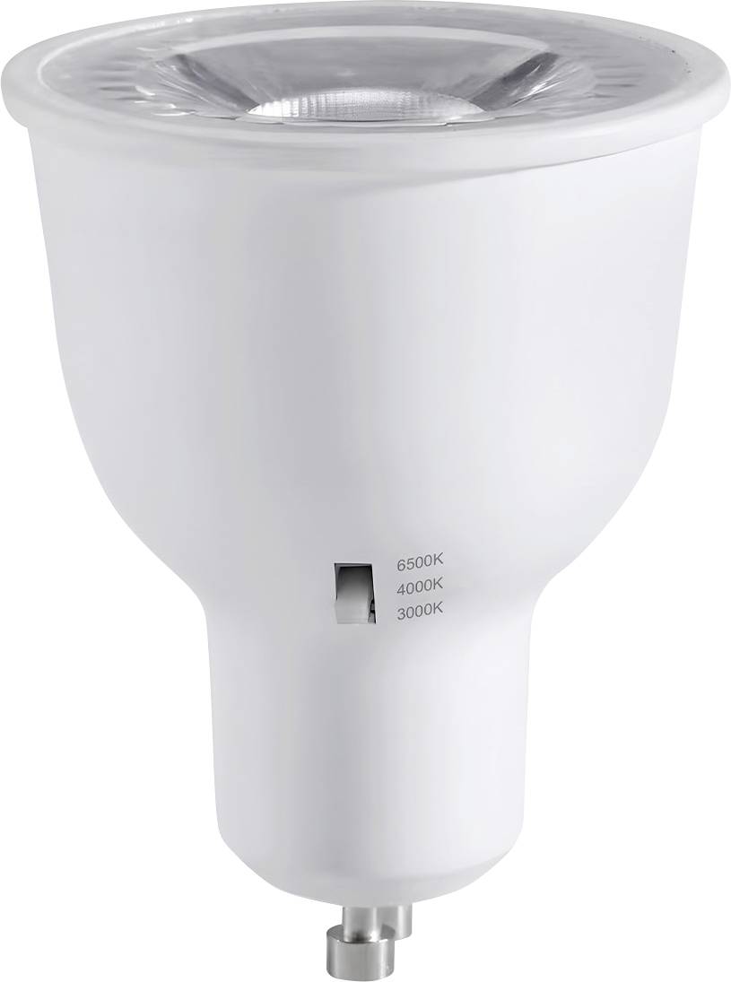 Eine weiße LED-Glühbirne mit GU10-Fassung. Sie weist Markierungen auf, die Farbtemperaturoptionen anzeigen: 6500K, 4000K und 3000K.