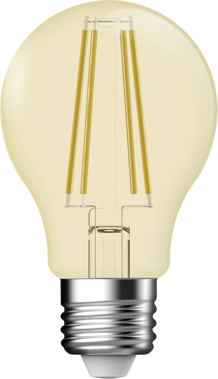 Eine Vintage-Stil-LED-Glühbirne mit sichtbarem Glühfaden im Inneren, vor einfachem Hintergrund.