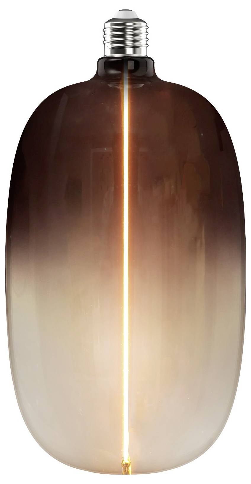 Eine längliche, im Vintage-Stil gehaltene Glühbirne strahlt ein warmes, vertikales Licht durch ihr getöntes Glas aus und erzeugt einen sanften, stimmungsvollen Beleuchtungseffekt.