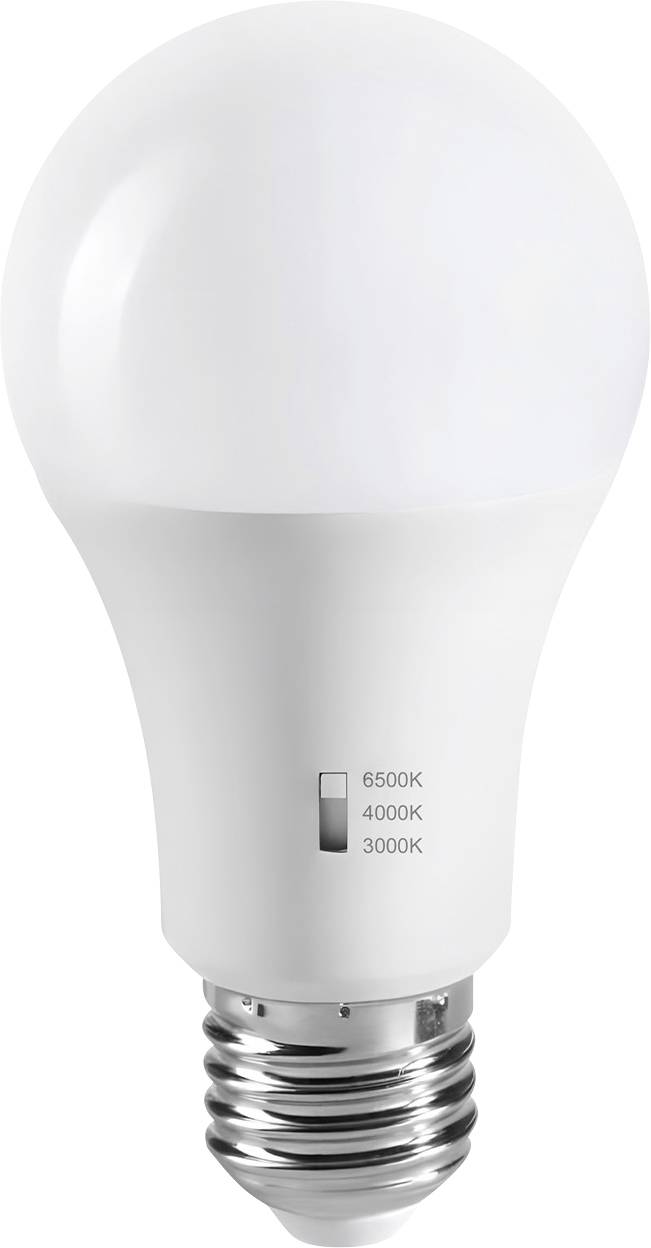 Eine weiße LED-Glühbirne mit Standardschraubgewinde. Farbtemperatur-Markierungen auf der Seite zeigen Optionen an: 3000K, 4000K, 6500K.