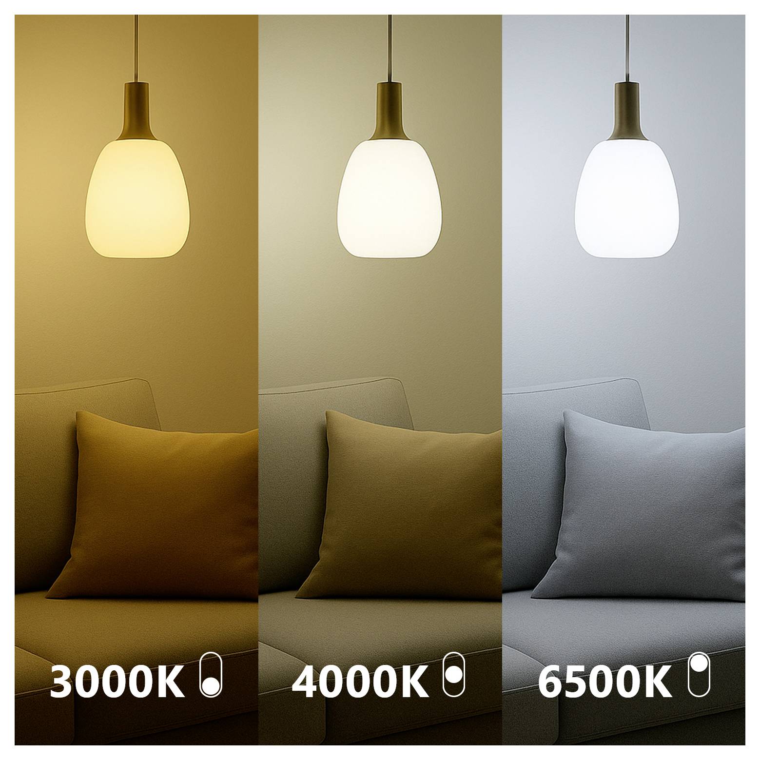 Beleuchtungsvergleich von drei Räumen mit warmen, neutralen und kühlen Tönen. 3000K: warme, 4000K: neutrale, 6500K: kühle Beleuchtung auf Sofas.