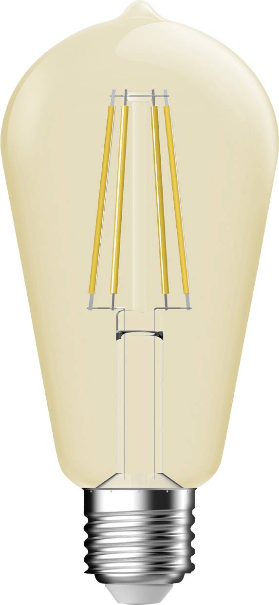 Eine Vintage-LED-Glühbirne mit sichtbarem Glühfaden in Tropfenform, die modernes energieeffizientes Beleuchtungsdesign veranschaulicht.