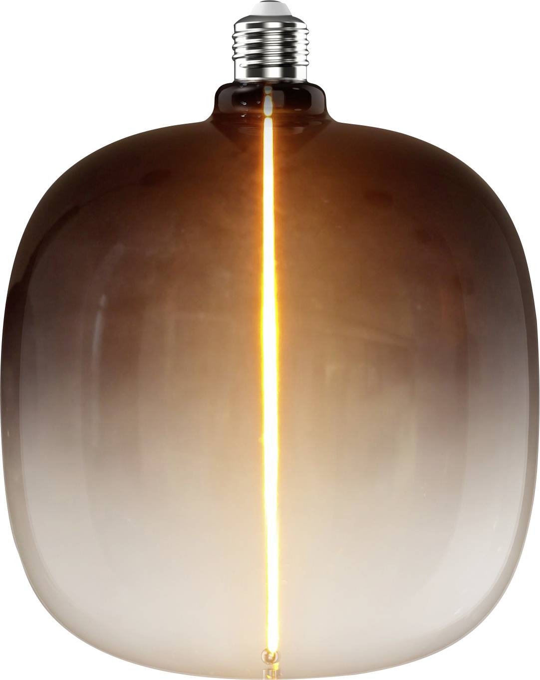 Eine große, oval geformte Glühbirne mit einem leuchtenden vertikalen Glühfaden im Inneren, umhüllt von bräunlich getöntem Glas.