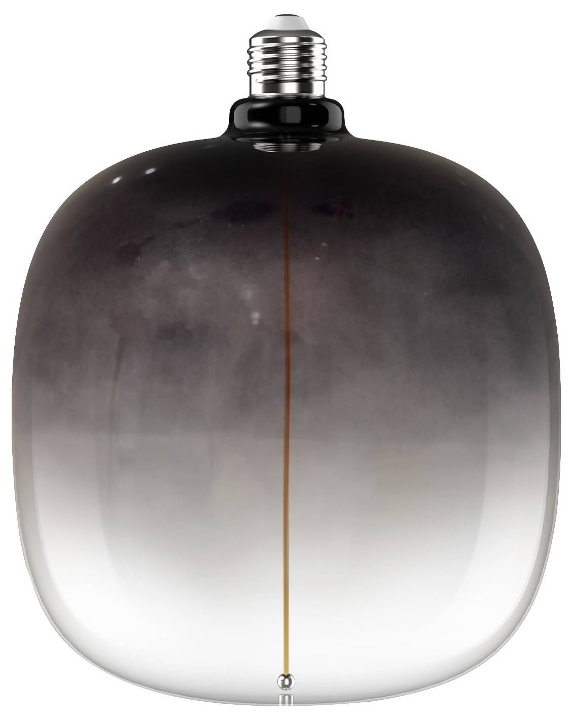 Eine elegante, moderne Glühbirne mit einem Farbverlauf-Design, das von Schwarz oben zu klar unten übergeht, mit einem länglichen Glühfaden.
