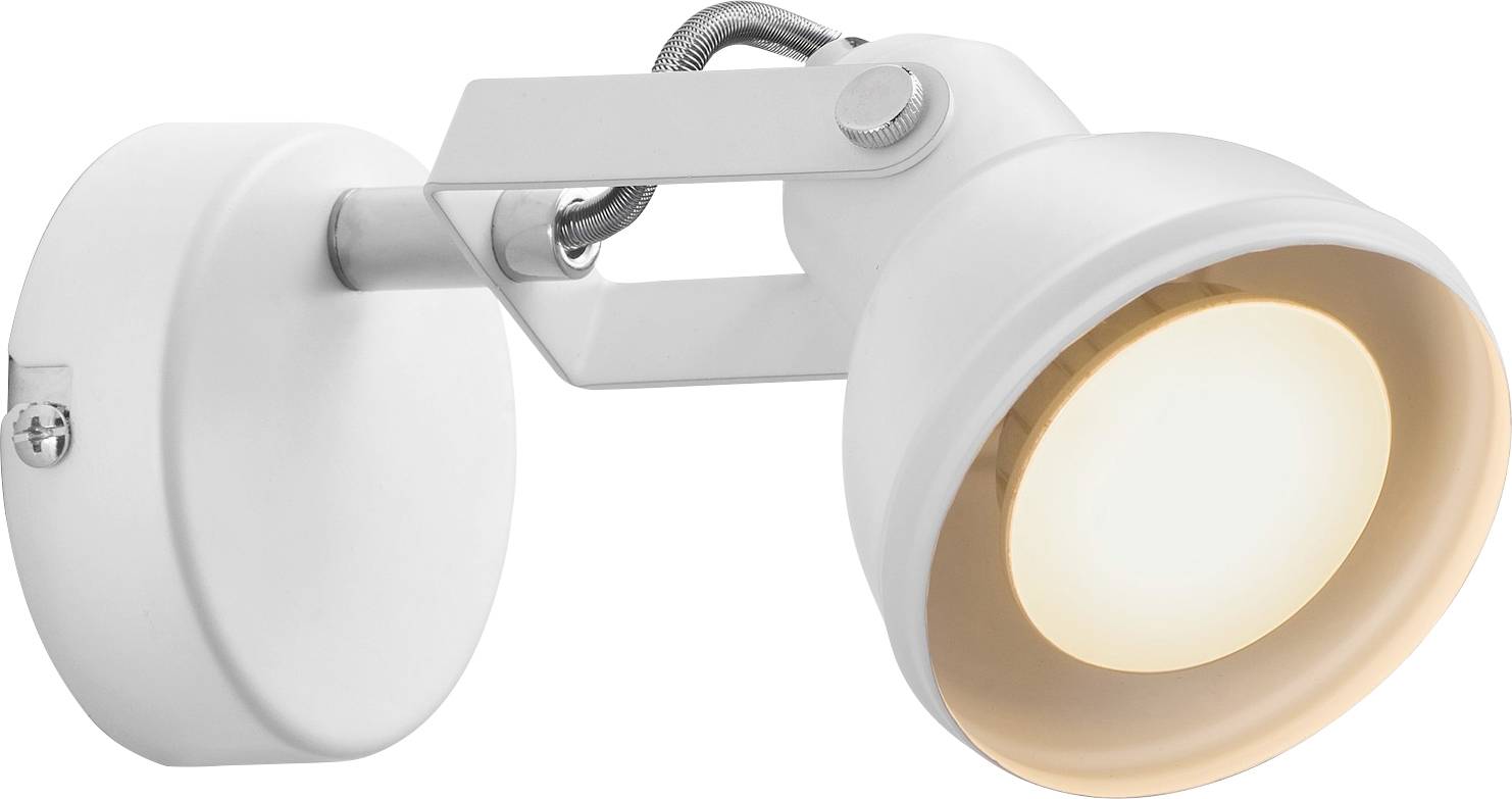 Ein weiß montierter Wandstrahler mit modernem Design, beleuchtet, mit verstellbarem Arm für Richtungsbeleuchtung.
