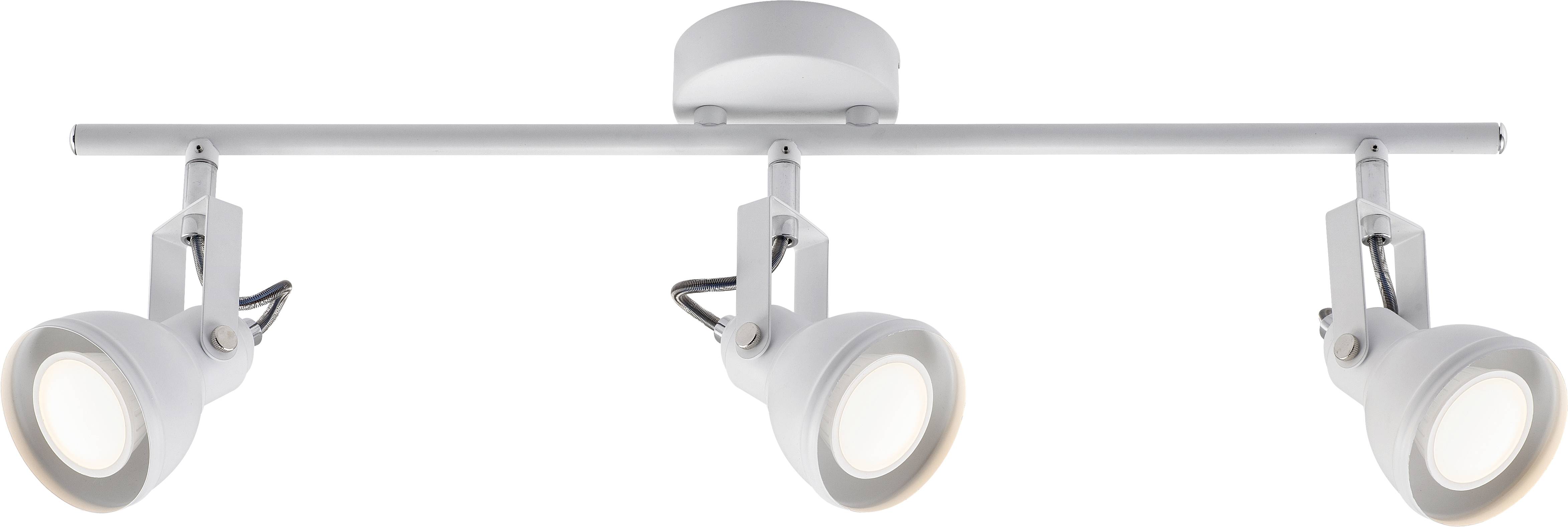 Eine an der Decke montierte, dreiflammige Schienleuchte mit verstellbaren weißen Spotlights auf grauem Hintergrund.