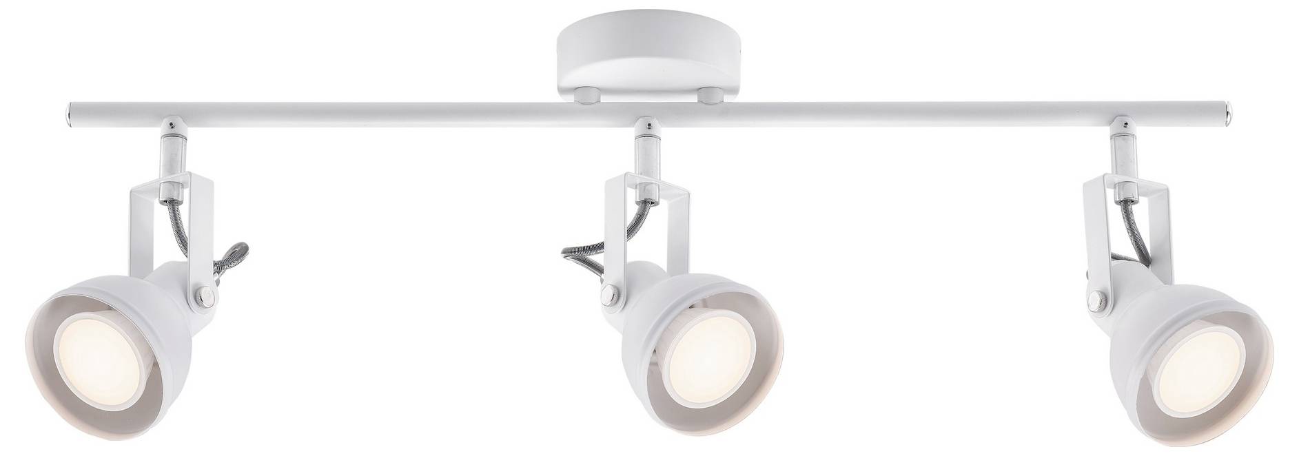 Drei verstellbare weiße Deckenspots auf einer horizontalen Schienenbefestigung.