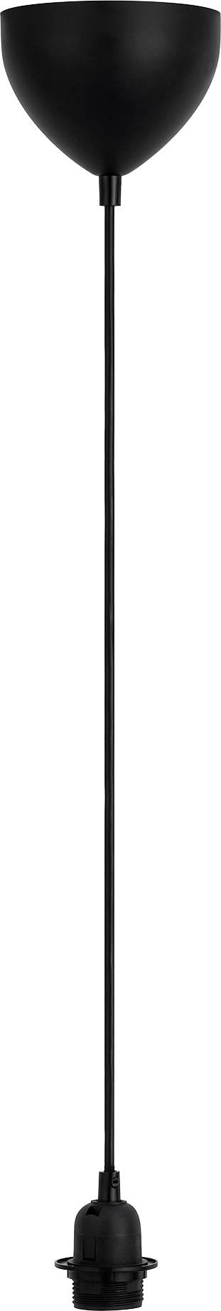 Eine schwarze Pendelleuchte mit einfachem, minimalistischem Design. Sie hat eine runde Basis und ein langes Aufhängungskabel, das in einer Lampenfassung endet.