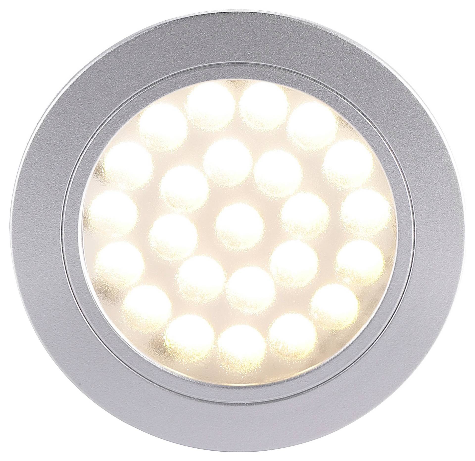 Ein rundes, silbernes LED-Licht mit mehreren leuchtenden Glühbirnen, die in einem kreisförmigen Muster angeordnet sind.