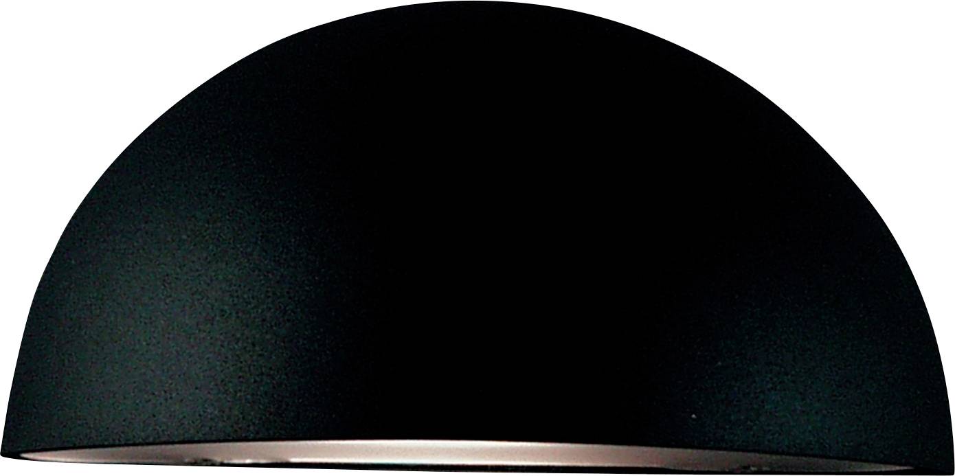 Eine Halbkugel-Lampenschirm aus schwarzem Material vor weißem Hintergrund, Licht leuchtet schwach von der unteren Kante auf und deutet auf minimalistisches, modernes Design hin.