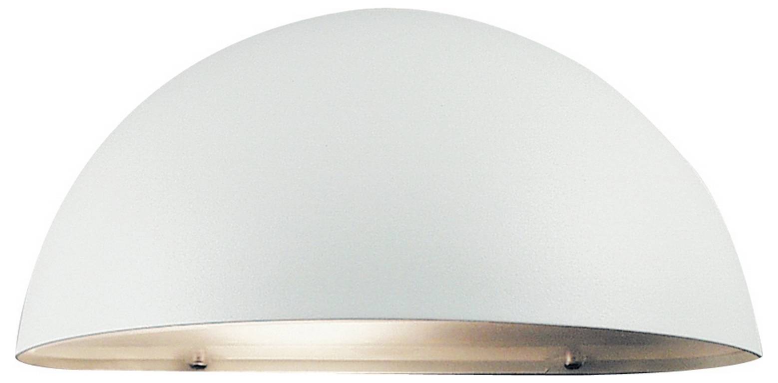 An der Decke montierte halbkugelförmige weiße Leuchte mit einer glatten, gewölbten Oberfläche und einer sanft beleuchteten Kante.