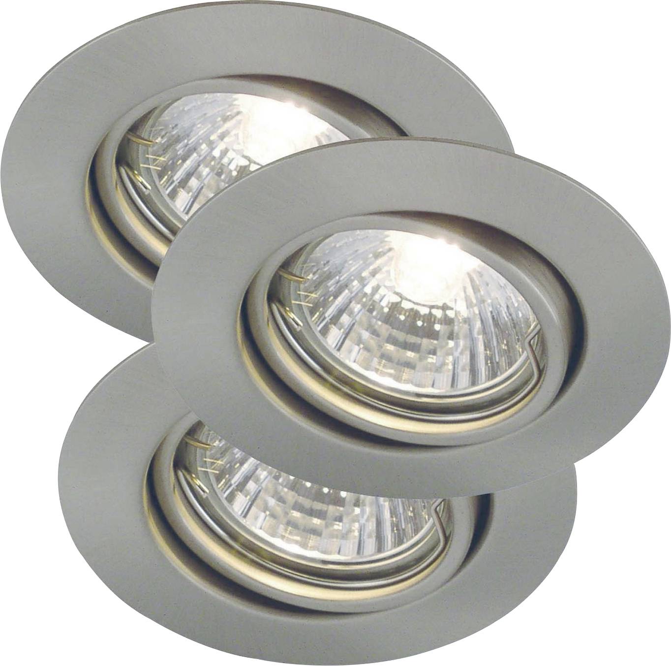 Zwei metallische, modern designte Deckeneinbauleuchten mit verstellbaren Strahlern, die nach unten leuchten.