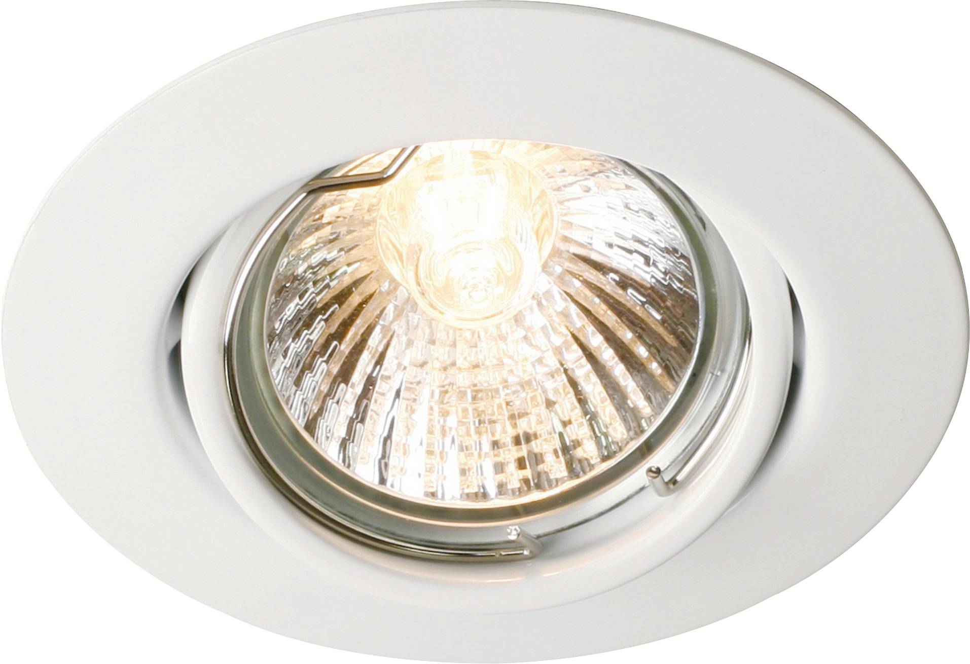 Ein versenkt angebrachtes Deckenleuchte mit einer leuchtenden Glühbirne, eingebaut in einer weißen kreisförmigen Fassung.