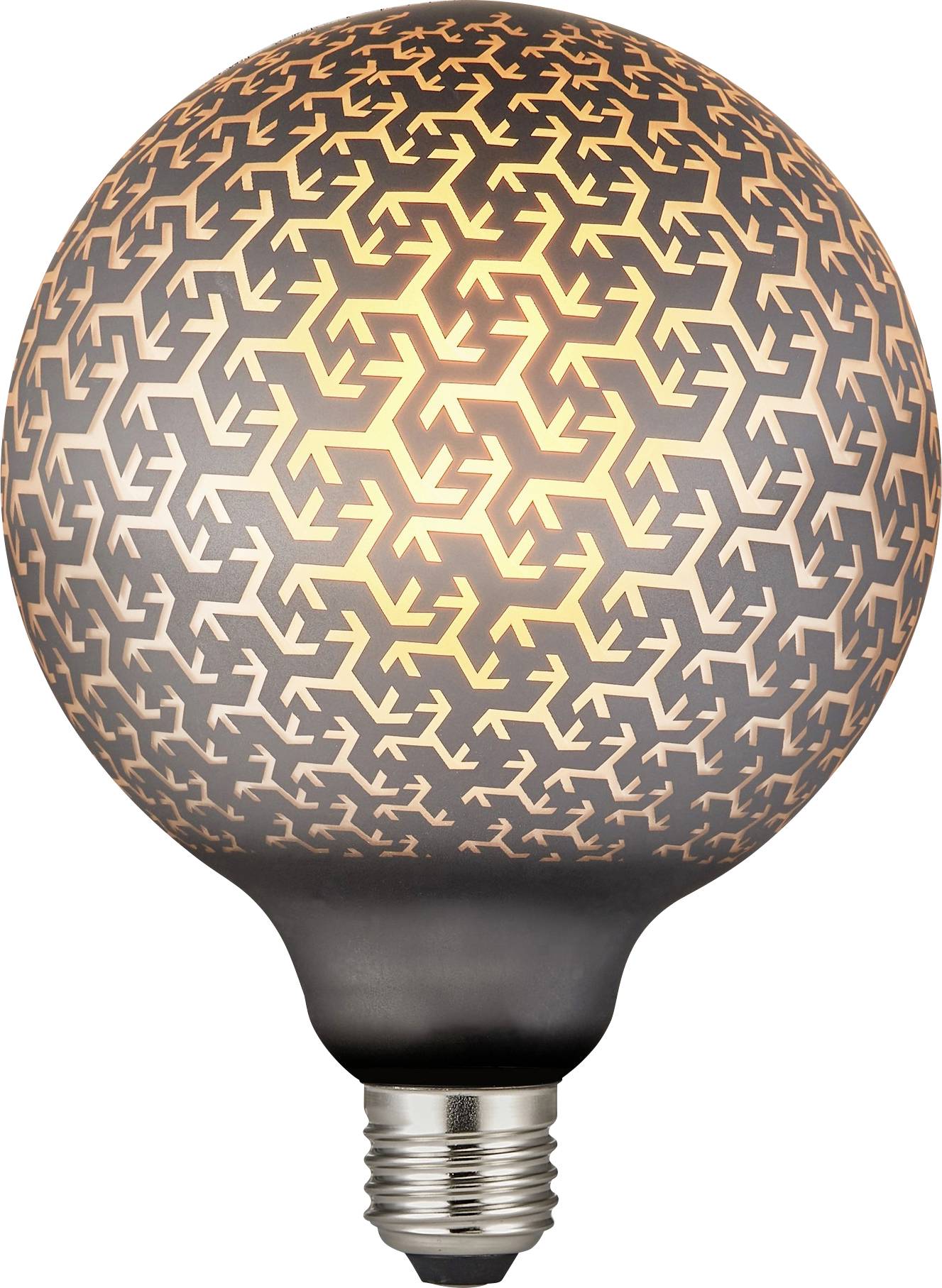 Eine Glühbirne mit einem dekorativen geometrischen Muster strahlt ein warmes Licht aus und zeigt ein einzigartiges Design, das Funktion und Kunst miteinander verbindet.